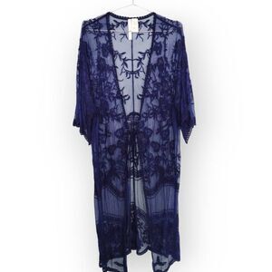 Forgotten Grace Coverup Sz 2X Blue Lace Boho Swimsuit Navy Blue Long Casual Beac